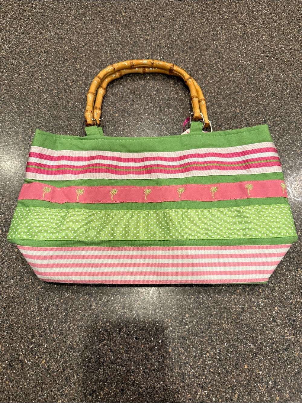Striped Pink and Green Ribbon Clutch Bag with Bamboo Handles